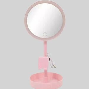 LED Makeup Mirror with Phone Holder and Storage Cup, Pink, Model #234-10-7298